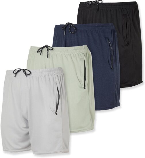Real Essentials 4 Pack: Men's 5  Mesh Quick-Dry Running Shorts with Zipper Pockets and Drawstring (Available in Big and Tall)