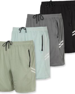 Real Essentials 4 Pack: Men’s 7  Athletic Running Quick Dry Mesh Shorts with Zipper Pockets (Available in Big and Tall)