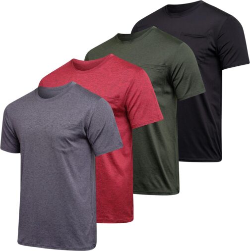 Real Essentials 4 Pack: Men's Dry-Fit Short Sleeve Pocket Crew Performance Athletic T-Shirt (Available in Big and Tall)