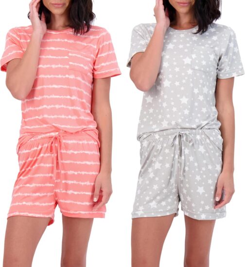 Real Essentials 4 Piece: Women s Short Sleeve Top with Shorts Pajama Set Ultra-Soft Lounge and Sleepwear (Available In Plus)