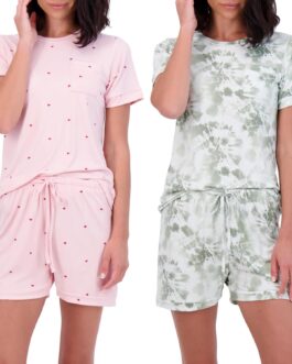Real Essentials 4 Piece: Women s Short Sleeve Top with Shorts Pajama Set Ultra-Soft Lounge and Sleepwear (Available In Plus)