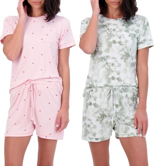 Real Essentials 4 Piece: Women s Short Sleeve Top with Shorts Pajama Set Ultra-Soft Lounge and Sleepwear (Available In Plus)