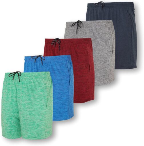 Real Essentials 5 Pack: Men's 5  Inseam Dry-Fit Running Workout Shorts - Pockets and Drawstring (Available in Big and Tall)