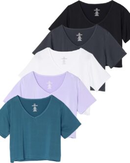 Real Essentials 5 Pack: Women’s Dry-Fit Short Sleeve V-Neck Crop Top Boxy Athletic Tee