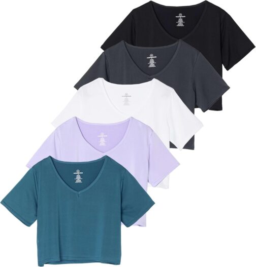 Real Essentials 5 Pack: Women's Dry-Fit Short Sleeve V-Neck Crop Top Boxy Athletic Tee