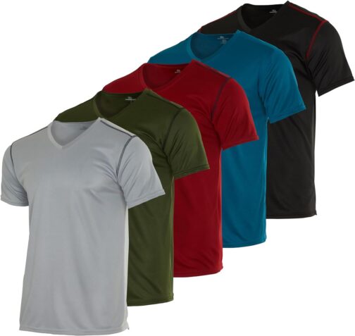 Real Essentials 5 Pack: Men's Mesh Quick Dry Short Sleeve V-Neck T-Shirt - Athletic Performance (Available in Big and Tall)