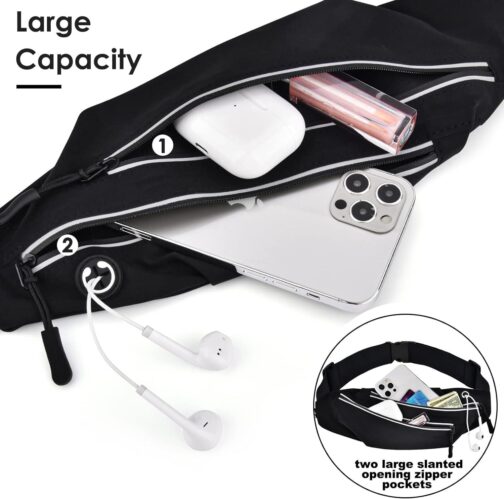 Running Belt for Men Women Waterproof Fanny Pack Crossbody Running Waist Bag Packs Running Pouch with 2 Pockets Elastic Running Belt Bag with Cell phone Port for Gym Workouts Travel Money Belt Black - Image 4