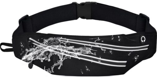 Running Belt for Men Women Waterproof Fanny Pack Crossbody Running Waist Bag Packs Running Pouch with 2 Pockets Elastic Running Belt Bag with Cell phone Port for Gym Workouts Travel Money Belt Black