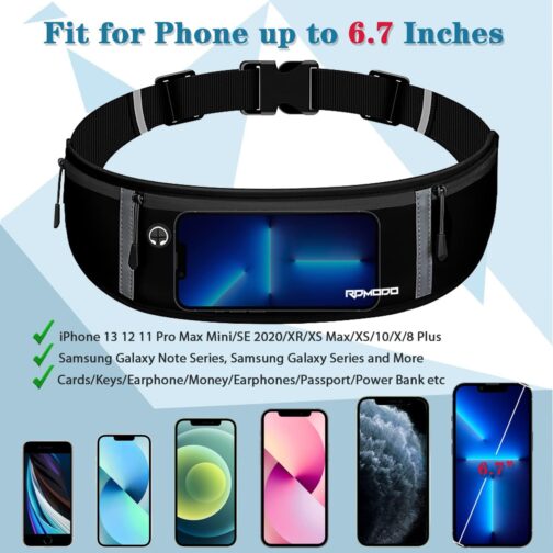 Running Belt for Men, Fanny Pack for Women, Waterproof Phone Holder for Running Workout Plus Size Adjustable Running Waist Belt Bag for iPhone 15 14 13 12 Pro Max Samsung Galaxy Note Pure Black - Image 4
