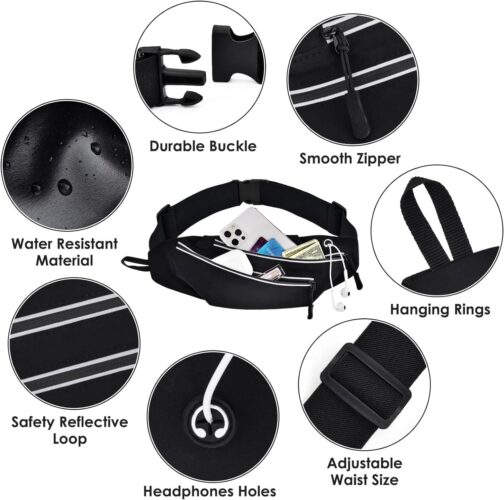 Running Belt for Men Women Waterproof Fanny Pack Crossbody Running Waist Bag Packs Running Pouch with 2 Pockets Elastic Running Belt Bag with Cell phone Port for Gym Workouts Travel Money Belt Black - Image 3