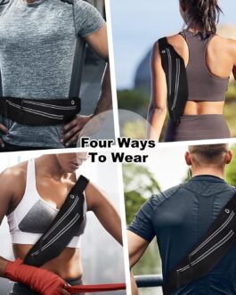Running Belt for Men Women Waterproof Fanny Pack Crossbody Running Waist Bag Packs Running Pouch with 2 Pockets Elastic Running Belt Bag with Cell phone Port for Gym Workouts Travel Money Belt Black