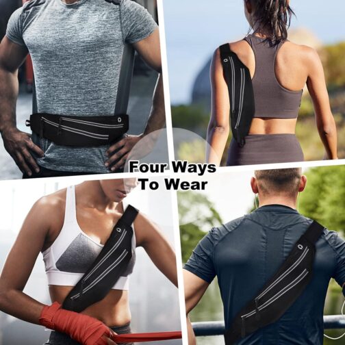 Running Belt for Men Women Waterproof Fanny Pack Crossbody Running Waist Bag Packs Running Pouch with 2 Pockets Elastic Running Belt Bag with Cell phone Port for Gym Workouts Travel Money Belt Black - Image 2
