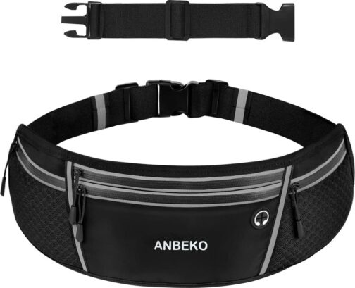 Running belt for Men Women with Extender Large Capacity Runner Waist Pack with 4 PocketsHiking Travel Camp Running Workout Belt BagReflective No Bounce Waist BagEasy Carry Large Phones black