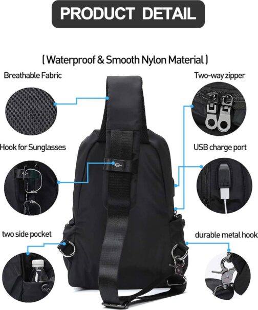 SEAFEW Small Black Sling Crossbody Backpack Shoulder Bag for Men Women, Lightweight One Strap Sling Bag Backpack for Hiking Walking Biking Travel Cycling USB Charger Port-Nylon - Image 3