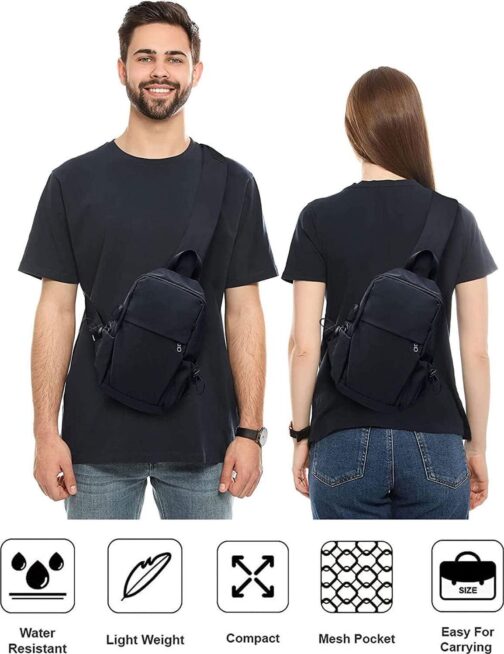 SEAFEW Small Black Sling Crossbody Backpack Shoulder Bag for Men Women, Lightweight One Strap Sling Bag Backpack for Hiking Walking Biking Travel Cycling USB Charger Port-Nylon - Image 8