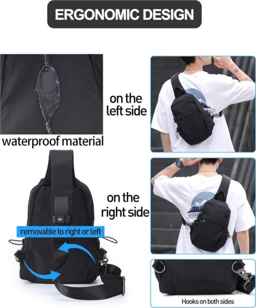 SEAFEW Small Black Sling Crossbody Backpack Shoulder Bag for Men Women, Lightweight One Strap Sling Bag Backpack for Hiking Walking Biking Travel Cycling USB Charger Port-Nylon - Image 6