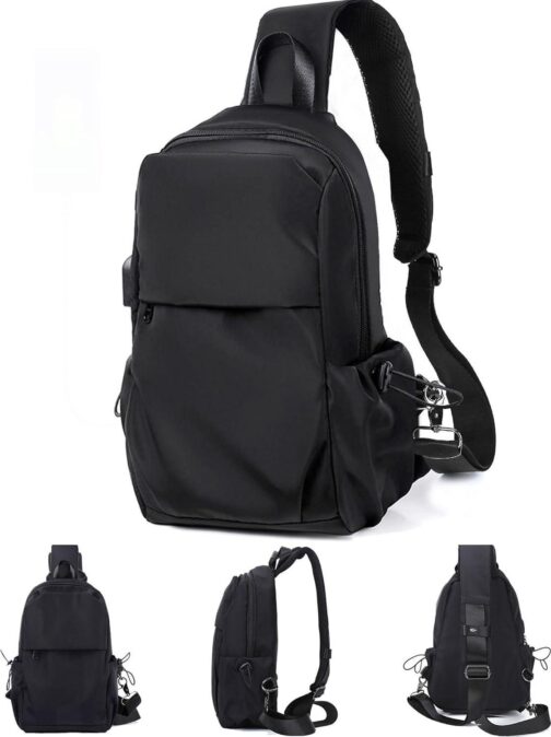 SEAFEW Small Black Sling Crossbody Backpack Shoulder Bag for Men Women, Lightweight One Strap Sling Bag Backpack for Hiking Walking Biking Travel Cycling USB Charger Port-Nylon - Image 9