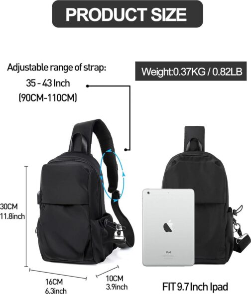 SEAFEW Small Black Sling Crossbody Backpack Shoulder Bag for Men Women, Lightweight One Strap Sling Bag Backpack for Hiking Walking Biking Travel Cycling USB Charger Port-Nylon - Image 4