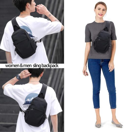 SEAFEW Small Black Sling Crossbody Backpack Shoulder Bag for Men Women, Lightweight One Strap Sling Bag Backpack for Hiking Walking Biking Travel Cycling USB Charger Port-Nylon - Image 7