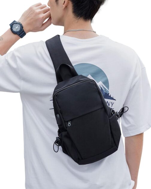 SEAFEW Small Black Sling Crossbody Backpack Shoulder Bag for Men Women, Lightweight One Strap Sling Bag Backpack for Hiking Walking Biking Travel Cycling USB Charger Port-Nylon - Image 2