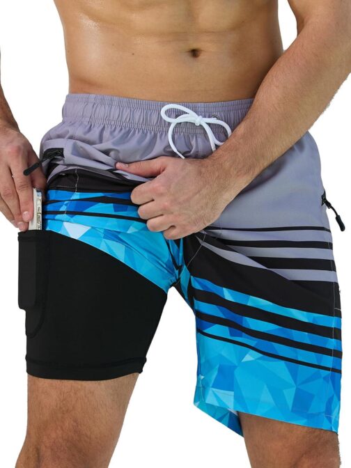 SILKWORLD Mens Swim Trunks 7  with Compression Lining Quick Dry Bathing Suits for Men Swim Shorts Swimwear Zipper Pockets