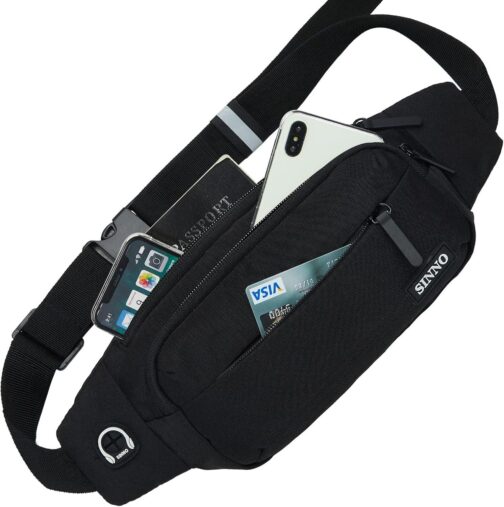 SINNO Large Crossbody Fanny Pack for Women Men Belt Bag With 4-Zipper Pockets for Travel Running Hiking Workout Dog Walking Outdoors Sport Fishing Waist Pack Bag Carrying All Phones
