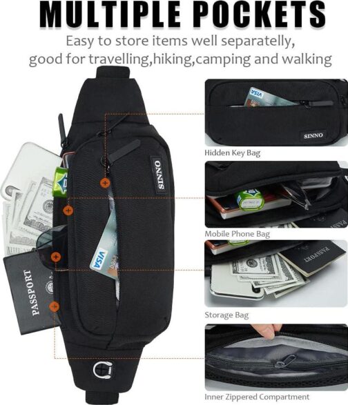 SINNO Large Crossbody Fanny Pack for Women Men Belt Bag With 4-Zipper Pockets for Travel Running Hiking Workout Dog Walking Outdoors Sport Fishing Waist Pack Bag Carrying All Phones - Image 3