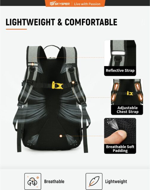 SKYSPER Hiking Backpack 30L Lightweight Travel Backpack Hiking Day Pack for Men Women(Grey) - Image 3