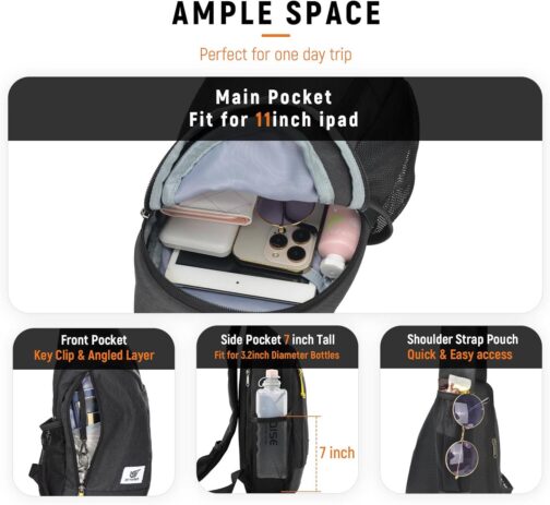 SKYSPER Sling Bag RFID Crossbody Sling Backpack Cross Body Shoulder Travel Bag Hiking Daypack for Women Men(Black) - Image 2
