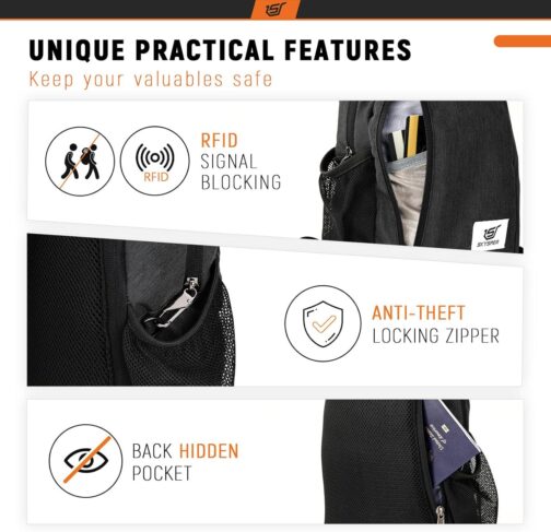 SKYSPER Sling Bag RFID Crossbody Sling Backpack Cross Body Shoulder Travel Bag Hiking Daypack for Women Men(Black) - Image 3