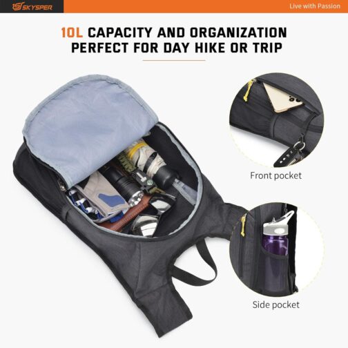 SKYSPER Small Daypack 10L Hiking Backpack Packable Lightweight Travel Day Pack for Women Men(Black) - Image 3