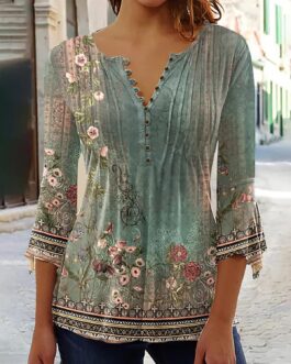 SMIDOW 3/4 Sleeve t-Shirt Shirts for Women Casual Summer Trendy Graphic Tees Floral Print v Neck Empire Waist Tunic Tops