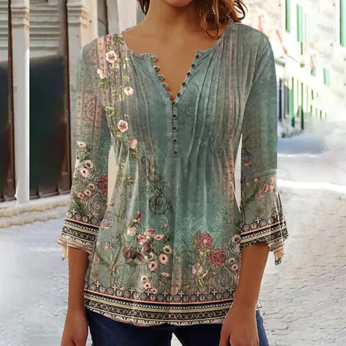 SMIDOW 3/4 Sleeve t-Shirt Shirts for Women Casual Summer Trendy Graphic Tees Floral Print v Neck Empire Waist Tunic Tops - Image 2