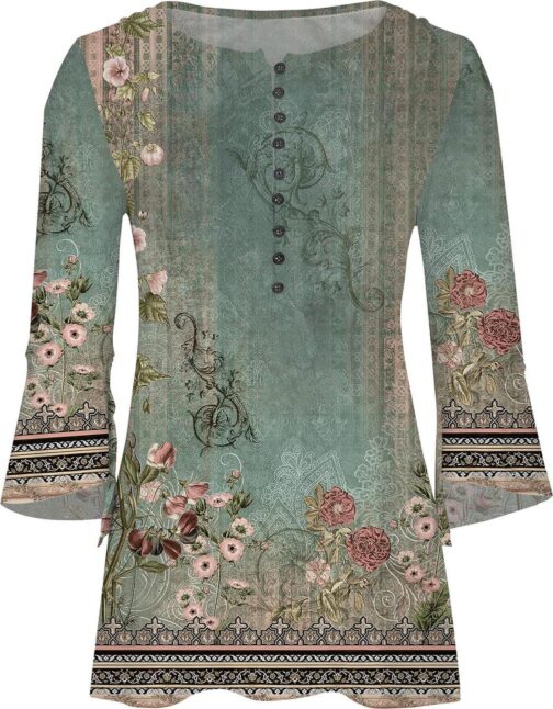 SMIDOW 3/4 Sleeve t-Shirt Shirts for Women Casual Summer Trendy Graphic Tees Floral Print v Neck Empire Waist Tunic Tops - Image 4