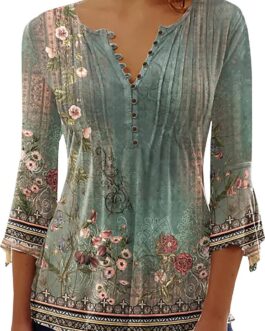 SMIDOW 3/4 Sleeve t-Shirt Shirts for Women Casual Summer Trendy Graphic Tees Floral Print v Neck Empire Waist Tunic Tops