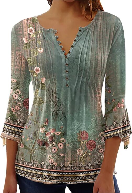 SMIDOW 3/4 Sleeve t-Shirt Shirts for Women Casual Summer Trendy Graphic Tees Floral Print v Neck Empire Waist Tunic Tops