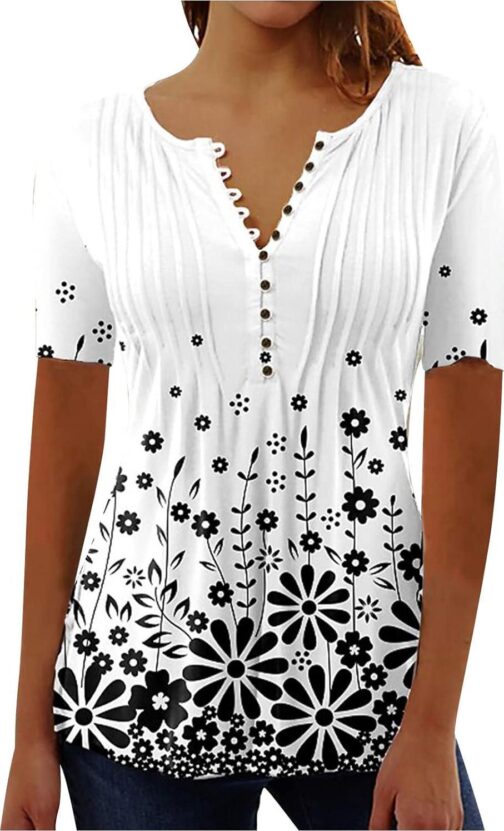 SMIDOW Plus Size Tunic Tops for Women Trendy 2024 Boho Floral Shirts Short Sleeve Notch v Neck t-Shirt Graphic Tees Blouse
