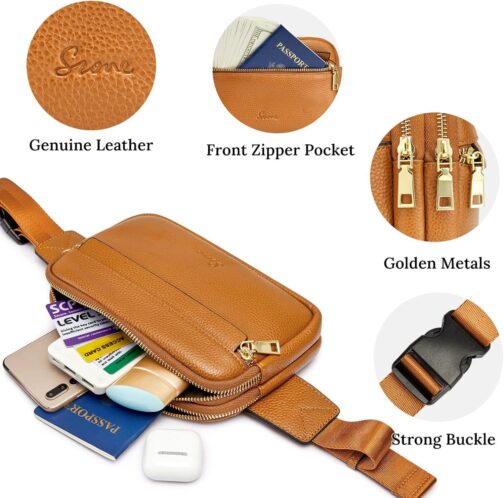 S-ZONE Fanny Packs for Women, Genuine Leather RFID Blocking Crossbody Bags Purses, Sling Waist Bag, Fashionable Chest Bag, Gifts Travel Running Adjustable Strap Men Brown - Image 8