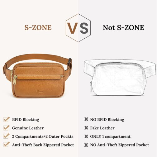 S-ZONE Fanny Packs for Women, Genuine Leather RFID Blocking Crossbody Bags Purses, Sling Waist Bag, Fashionable Chest Bag, Gifts Travel Running Adjustable Strap Men Brown - Image 4