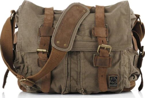 Sechunk Vintage Military Leather Canvas Laptop Messenger Bag, Medium