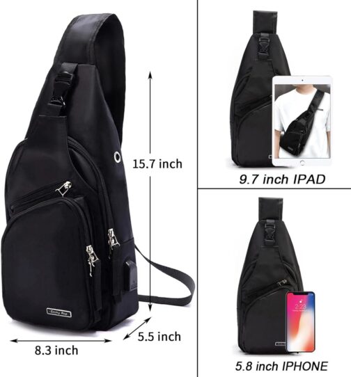 Seoky Rop Men Women Sling Backpack Nylon Water Resistant Shoulder Chest Crossbody Sling Bag with USB Charging Port - Image 5