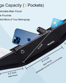 Slim Running Belt, Waterproof Fanny Pack for Women Men, 3 Pockets Phone Holder for Running Walking Cycling, Adjustable Reflective Running Waist Bag for iPhone 15 14 13 12 Pro Max Samsung Black