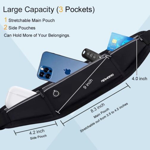 Slim Running Belt, Waterproof Fanny Pack for Women Men, 3 Pockets Phone Holder for Running Walking Cycling, Adjustable Reflective Running Waist Bag for iPhone 15 14 13 12 Pro Max Samsung Black - Image 2