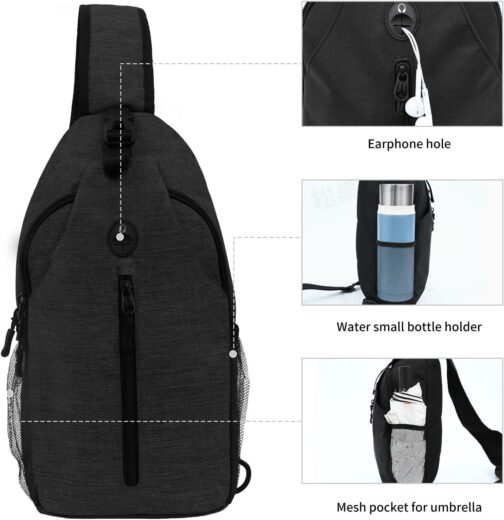 Sling-Bag Crossbody-Bag Women-Men Backpack-Daypack - Hiking Chest Travel with Water Bottle Pocket Portable Hiking Daypacks For Women Black - Image 5
