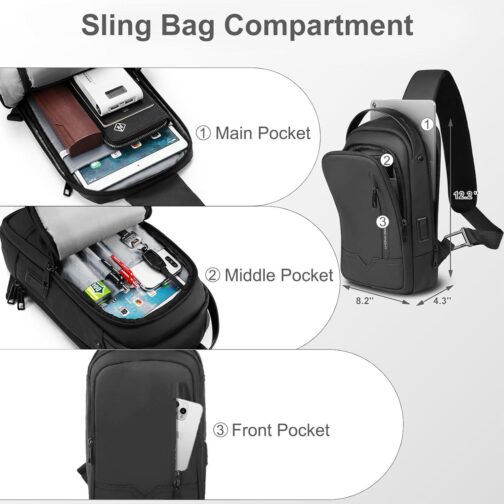 Sling Bag for Men Women Chest Bag Should Bags for 11.3 Inch iPad with USB Charging Port Water-Resistant Crossbody Sling Backpack LightWeight Anti-Theft Casual Daypack for Travel Sports Hiking-Black - Image 4