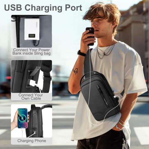 Sling Bag for Men Women Chest Bag Should Bags for 11.3 Inch iPad with USB Charging Port Water-Resistant Crossbody Sling Backpack LightWeight Anti-Theft Casual Daypack for Travel Sports Hiking-Black - Image 2