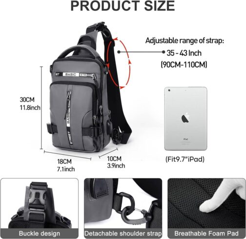 Sling Bag for Men Women, Mini Anti Theft One Strap Motorcycle Sling Backpack, Small Sling Chest Bag Daypack Crossbody Backpack for Casual Travel Hiking Gym Outdoor Sports Grey - Image 2