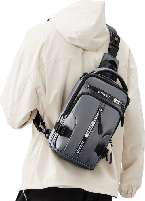 Sling Bag for Men Women, Mini Anti Theft One Strap Motorcycle Sling Backpack, Small Sling Chest Bag Daypack Crossbody Backpack for Casual Travel Hiking Gym Outdoor Sports Grey