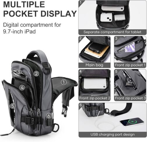 Sling Bag for Men Women, Mini Anti Theft One Strap Motorcycle Sling Backpack, Small Sling Chest Bag Daypack Crossbody Backpack for Casual Travel Hiking Gym Outdoor Sports Grey - Image 5