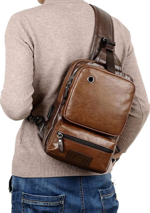 Small Black Sling Crossbody Backpack Shoulder Bag for Men Women Vintage PU Leather Sling Backpack Cycling - Image 6